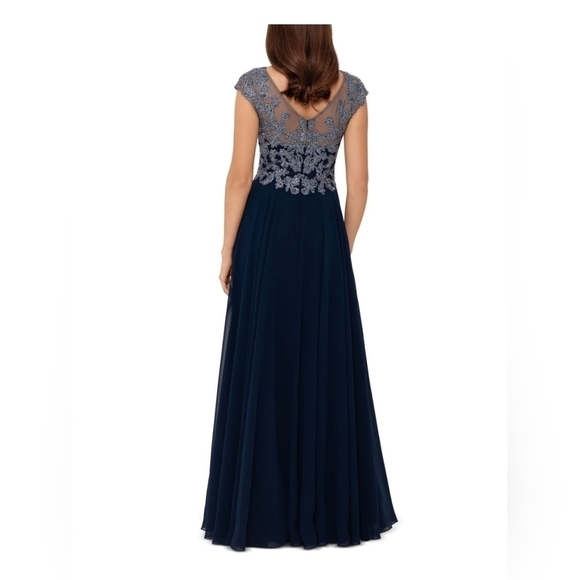 XSCAPE Navy Lace Zippered Illusion Chiffon Gown Cap Sleeve Round Neck 8 - Picture 3 of 6